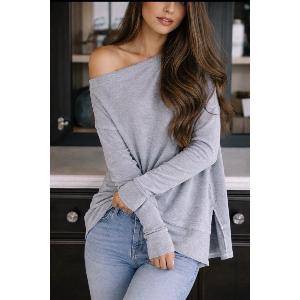 We The Free People Get Together Top Sz M Rib‎ Knit Gray Asymmetrical Slouchy